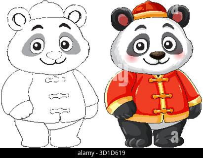 Niedlicher Karikatur-Panda mit roter chinesischer Jacke und Hut, farbig und schwarz dargestellt Stock Vektor