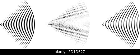 Gepunktete und lineare Schallwellen-Signaleinstellung. Radialradio und Audio-Symbole für Musik. Gekräuseltes Radar-Vibrationselement-Schildbündel. Schwarz gekrümmte Impulslinien. Echokardiographie-Symbole. Vektor Stock Vektor
