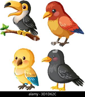 Vier lebendige Zeichentrickvögel mit ausdrucksstarken Gesichtern, klaren Vektorlinien und sanften Schatten Stock Vektor