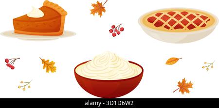 Köstliche Herbstdesserts. Kürbiskuchen, Apfelkuchen, Schlagsahne und bunte Blätter. Saisonale Feiern und Versammlungen Stock Vektor