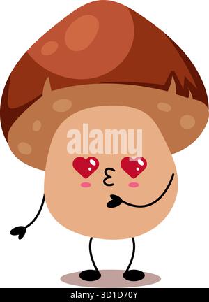 Entzückender Cartoon-Pilz mit großen Augen und rosa Wangen im Kawaii-Stil. Umgeben von Herzen, perfekt für Kinderprodukte, Aufkleber und Drucke. Stock Vektor