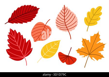 Buntes Vektorset mit verschiedenen Herbstblättern in flachem Stil. Ideal für saisonales Design, Karten und Lehrmaterial. Stock Vektor