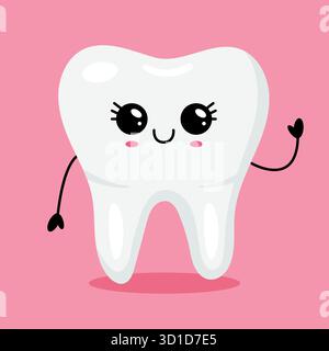 Lustige Zeichentrickfigur eines Zahns mit Kawaii-Gesicht. Ideal für Design von Zahnkliniken, Poster und Schulungsmaterialien für Kinder. Stock Vektor
