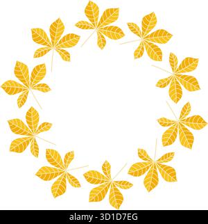 Kreisförmiger Kranz aus gelben Kastanienblättern auf weißem Hintergrund. Elegante und helle Herbstkomposition für saisonales Design. Stock Vektor