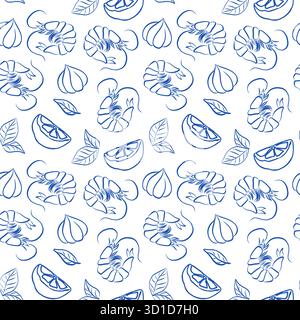 Nahtloses blaues Linienmuster mit Garnelen, Knoblauch, Zitrusfrüchten und Blättern Stock Vektor