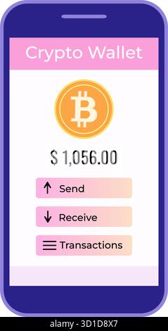 Mit einer mobilen Krypto-Wallet können Sie Ihr Bitcoin-Guthaben und alle Ihre Transaktionen anzeigen Stock Vektor
