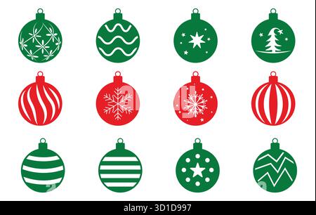 Eine Sammlung roter und grüner weihnachtskugelsymbole, Weihnachtskugelsymbole, Weihnachtskugelillustration. Stock Vektor
