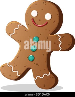 Niedlicher Lebkuchenmann Isolierte Grafik. Festliche Weihnachts-Cookie-Figur-Illustration mit Glasur-Detail Stock Vektor