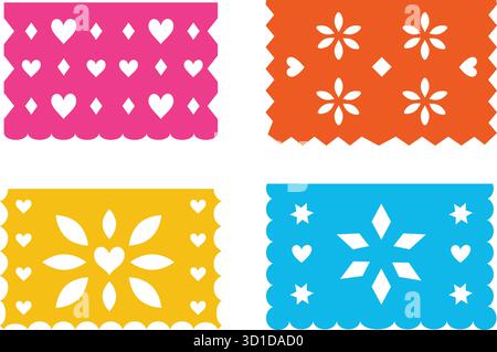 Papel Picado Bunte Kollektion mit Herz-, Blumen- und geometrischen Ausschnitten. Traditionelle Mexikanische Volkskunst, Hängende Dekorationsmuster Stock Vektor