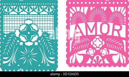 Mexikanischer Papel Picado mit Amor- und Blumenmustern Ausschnitte – Dekorative Volkskunst Hochzeit Liebe Feier Banner isoliert Stock Vektor