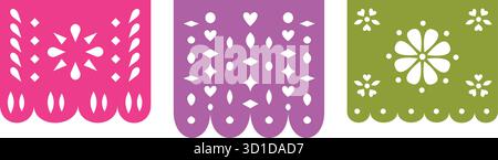 Lebendiges Papel Picado mit geometrischen Herzen, Blumen und Diamantformen Ausschnitts-Design - mexikanisches Festdekor Stock Vektor