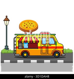 Lebendiger gelber Pizza Food Truck auf einer Straße Vektor Illustration Cartoon Design Stock Vektor