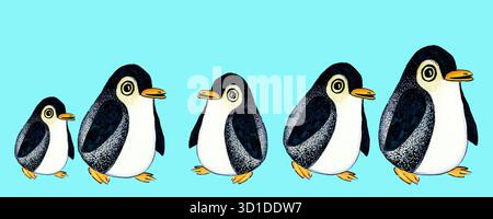 Niedliche handgezeichnete Pinguine in verschiedenen Größen auf blauem Hintergrund. Lustige Vögel im Zeichentrickstil hintereinander. Tintenzeichnung. Perfekt für Kinderbücher, Drucke, Kinderzimmer, Karten und Lehrmaterialien. Stockfoto