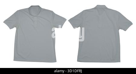 Einfarbige graue Poloshirt-Vorlage mit Vorder- und Rückansicht auf weißem Hintergrund, geeignet für Mockup, Branding-Präsentationen oder Modedesign Stockfoto