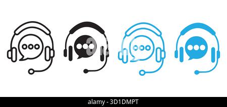 Symbolgruppe Kundensupport. Headset- und Chat-Blasensymbole in Schwarz und Blau. Stock Vektor