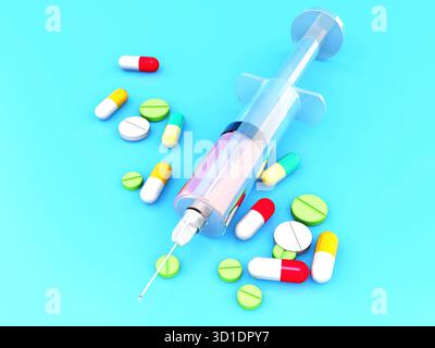 Spritze mit Arzneimittelpillen. 3D-Abbildung Stockfoto