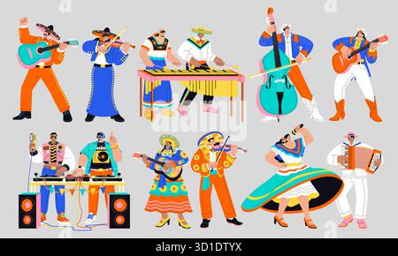 Sammlung traditioneller lateinamerikanischer Musiker, die Instrumente im handgezeichneten flachen Zeichentrickstil spielen Stock Vektor