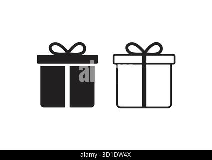 Symbole für Geschenkschachteln – durchgehender und konturierter schwarzer Präsenzsatz. Geschenkbox-Symbol im Linienstil. Geschenkverpackung einfaches Symbol im schwarzen Stil für Apps und Stock Vektor