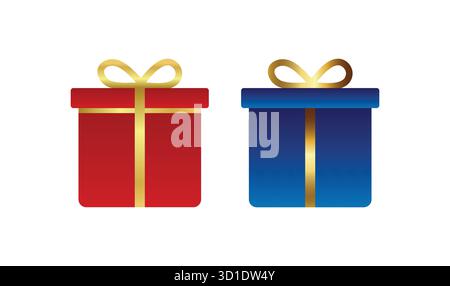 Rote, blaue Geschenkboxen – gestylte Geschenksymbole mit goldenem Farbband. Set mit dekorativen Geschenkboxen isoliert auf weiß. Weihnachtsdekoration. Stock Vektor