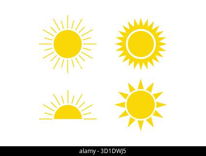 Gelbe Sonnensymbole – abstrakte Strahlungssymbole im Rasterlayout. Gelbe Sonnensymbol bei Sonnenuntergang, Sonnenaufgang oder Sonnenuntergang. Stock Vektor