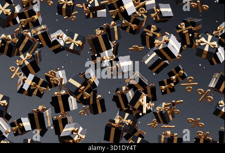 Black Friday Werbespot mit schwarzen und goldenen Geschenken und Prozentsymbolen auf dunklem Hintergrund in 3D-Illustration Stockfoto
