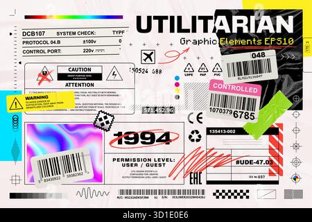 Nützliche Vektorelemente mit Barcodes, Etiketten, Warnschildern, Aufklebern und grafischen Markierungen. Perfekt für moderne Verpackungen, Poster und Branding. Vektor-EPS10-Abbildung. Stock Vektor