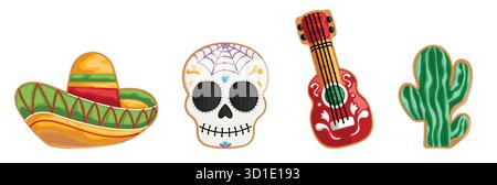Mexikanische Kakteen, Gitarre, Sugar Skull Calavera und Sombrero Gingerbread Cookie Collection Art Stock Vektor