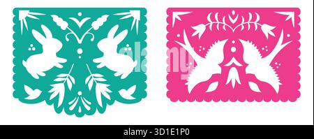 Mexikanisches Papel Picado lebendiges Festdekor mit Hasen-, Vogel- und Blumenausschnitt Stock Vektor