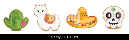 Mexikanische niedliche Cookie-Kollektion mit Kakteen, Lama, Sombrero und Sugar Skull Calavera Glasur Lebkuchen-Leckerli-Set Stock Vektor