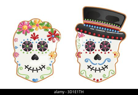 Calavera Sugar Skull Plätzchen dekoriert mit Blumenkrone und Top hat farbenfrohe Zuckerguss - mexikanischer Tag der Toten Leckereien Stock Vektor