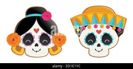 Calavera Sugar Skull Paar Lebkuchenkekse mit Blumen und Sombrero – Dia de los Muertos Biscuits mit Zuckerguss Stock Vektor
