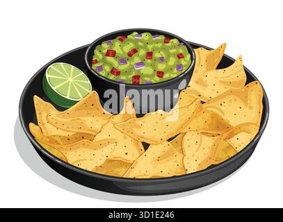 Knusprige Tortilla Chips mit Guacamole serviert in einem schwarzen Keramiktablett und einer Schüssel mit Limette. Traditionelle Mexikanische Party Snacks Illustration Stock Vektor