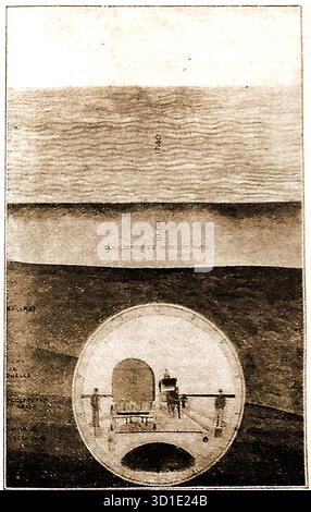 Ein 1897 gedrucktes Diagramm eines Abschnitts durch den Blackwall-Tunnel unter der Themse, London. Ursprünglich 1897 vom Prince of Wales als Einzelbohrung eröffnet, ist er heute ein Doppeltunnel. Stockfoto