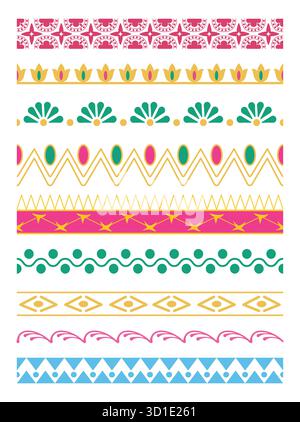Nahtlose Kollektion mit Blumen- und geometrischen Borten. Bunte Dekorative Volkstümliche Kunst Trennvorlagen Set Stock Vektor