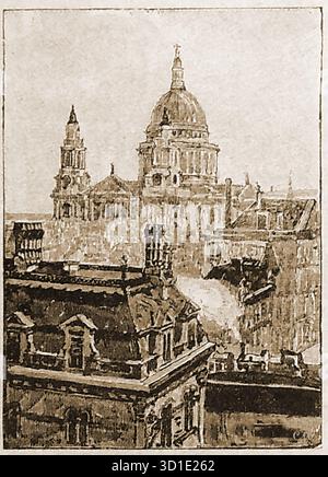 Ein Blick auf die St. Paul's Cathedral aus dem Jahr 1897 über die Dächer von London, eine Dampfeisenbahn kann unten rechts gesehen werden Stockfoto
