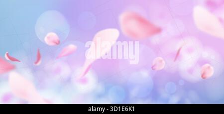 Frühlingssakura-Blüten mit weichem Bokeh-Effekt und traumhaftem rosafarbenem Hintergrund für saisonales Design. Verschwommene Kirschblütenelemente, die auf pastellblauem BG schweben. Romantische Grußkarte mit Blumenmuster. Stock Vektor