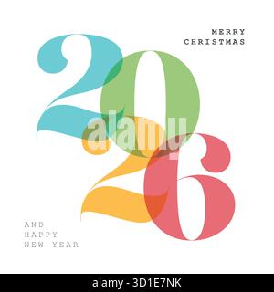 Ein lebendiges und farbenfrohes typografisches Design aus dem Jahr 2026 für frohe Weihnachten und frohe Neujahrsgrüße. Das farbenfrohe Design von 2026 ist perfekt für das neue Jahr und Stock Vektor