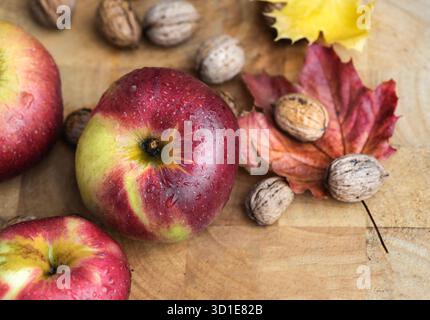 Blick von oben auf hellrote Äpfel, bedeckt mit Wassertropfen, Walnüsse auf hölzernem Hintergrund mit bunten Ahornblättern herbstlichen Speisen Stockfoto