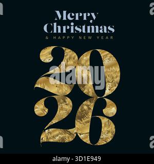 Eine elegante Weihnachtsgrußkarte für frohe Weihnachten und Happy New Year 2026 mit auffälligen, goldfarbenen Zahlen 2026. Diese festliche Grafik mit Stock Vektor