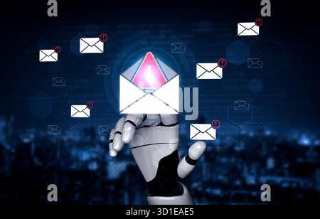 Ein KI-Assistent erkennt eine kritische Cybersicherheitsbedrohung und identifiziert eine Phishing-E-Mail im Posteingang. Dieses intelligente System gibt eine Warnung aus, um ein mA zu verhindern Stockfoto