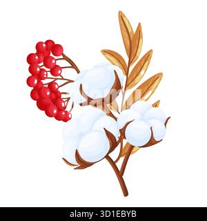 Lebendiges Vektor-Arrangement mit roten vogelbeeren, flauschigen weißen Baumwollbollen und goldenen Herbstblättern. Perfekt für saisonale Designs, Ernte-die Stock Vektor