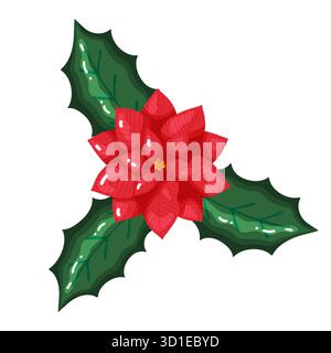 Festliche Vektor-Illustration mit einer hellen roten Weihnachtsstern Blume mit drei klassischen grünen stechpalmenblättern. Perfekt für Weihnachtsklipart, Urlaub gre Stock Vektor