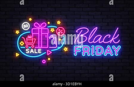 Neonschild mit Warenkorb, Geschenkkartons und Text Black Friday Sale. Mit leuchtenden Rabattsymbolen und leuchtenden Sternen. Werbematerial Stock Vektor