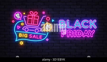Neonsymbol mit Einkaufswagen voller Geschenke und Sprechblasen mit 50 und 60 Prozent. Text Black Friday und Big Sale in leuchtenden Buchstaben. Farbenfroh Stock Vektor
