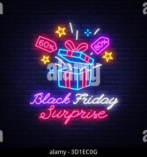 Neonschild einer offenen Geschenkbox mit Rabattanhänger 60 und 80 Prozent. Enthält Text Black Friday Surprise und leuchtende Elemente. Farbenfrohes Sale-Design Stock Vektor