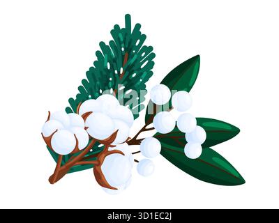 Schöner Winter-Blumenvektor mit grünen Kiefernnadeln, flauschigen Baumwollbollen und weißen Schneebeeren. Ideal für Weihnachten Clipart, Weihnachtskarten, Hochzeiten Stock Vektor