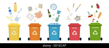 Set mit Abfallbehältern, Behältern mit verschiedenen Arten von Müll, Recycling-Symbolen isoliert auf weißem Hintergrund. Ökologie, Umwelt-Pflege-Konzeptbestand. Vektorabbildung Stock Vektor