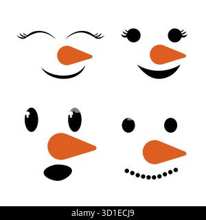 Setzen Sie süße, lustige Schneemanngesichter auf weißem Hintergrund. Weihnachtsdekoration. Kindlicher naiver Charakter, Ausdruck. Vektorabbildung Stock Vektor