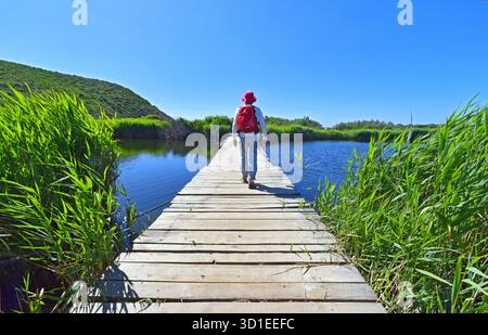 wanderer auf einer Holzbrücke über den Teich von Foce, Frankreich, Korsika, Agriates, Ostriconi Stockfoto
