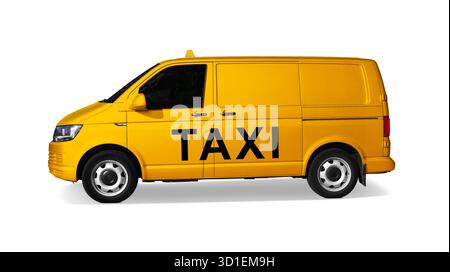 Taxiservice. Orangefarbenes Auto mit Logo und Top-Schild isoliert auf weiß, Seitenansicht Stockfoto